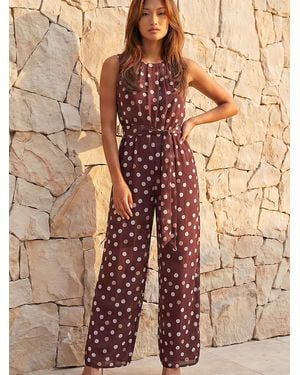 Roman Spot Pleat Neck Jumpsuit - Brown