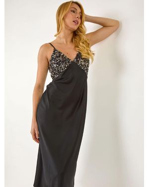 Roman Sequin Top Satin Midi Dress - Black