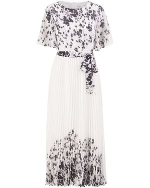 Yumi' Mirror Floral Design Pleated Midi Dress - White
