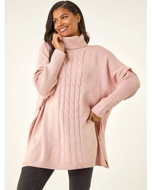 Roman Cable Knit Roll Neck Poncho Sweater - Pink