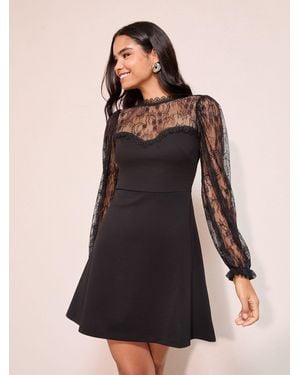 Friends Like These Scuba Lace Mix Long Sleeve Mini Dress - Black