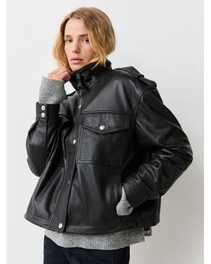 Urban Code Leather Bomber With Drawcord Hem Jacket - Black
