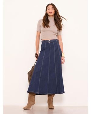 Lipsy Denim Belted Fit And Flare Midi Skirt - Blue