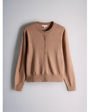 The Set Crew Neck Long Sleeve Merino Cardigan Caramel Marl - Natural