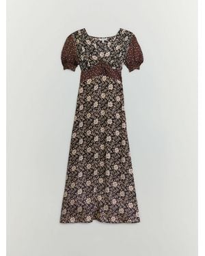 BHOEM Satin Floral Print Short Sleeve Midi Dress - Brown