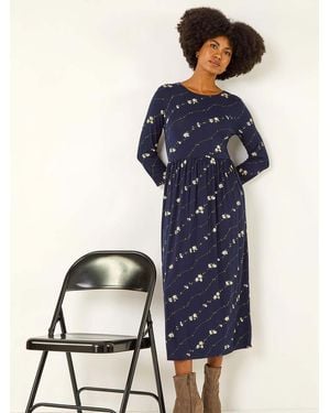 Roman Floral Gathered Waist Midi Dress - Blue