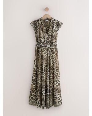 Next Pleated Mesh Print V-Neck Occasion Maxi Dress - Natural