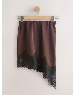 Next Asymetric Satin Mini Skirt With Lace Trim - Brown