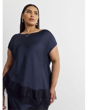 Joanna Hope Lace Trim Asymmetric Satin Top - Blue