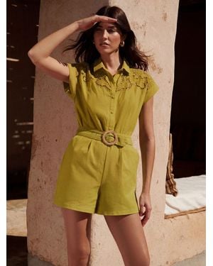 Love & Roses Lime Linen Cutwork Playsuit - Green