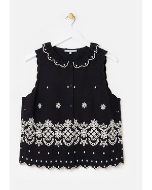 Oliver Bonas Embroidered Frill Collar Sleeveless Top - Black
