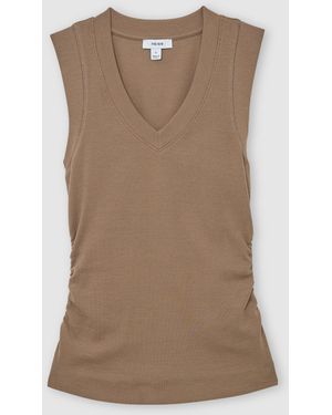 Reiss Sandy Stretch-Cotton Rib Ruched V-Neck Vest - Natural