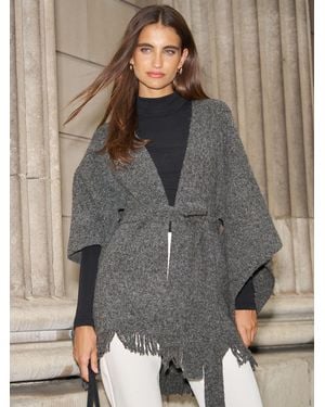 Lipsy Soft Touch Belted Fringe Cape Poncho - Gray