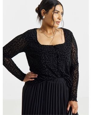Simply Be Leopard Flock Mesh Square Neck Top - Black