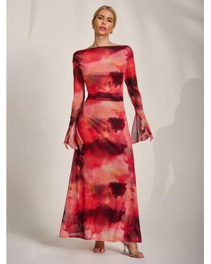 Jolie Moi Long Sleeve Slash Neck Mesh Maxi Dress - Red