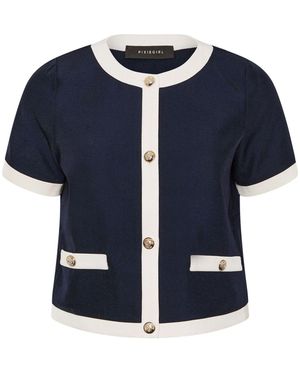 PixieGirl Petite Button Contrast Trim Short Sleeve Blouse - Blue
