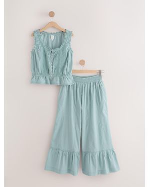Next Pale Cotton Embroidered Built Up Vest And Wide Leg Floaty Pajama Bottoms Set - Blue