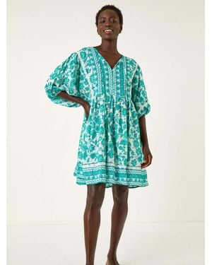 Roman Tie Front Border Print Tassle Dress - Green