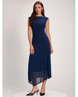 Jolie Moi Asymmetric Draped Mesh Maxi Dress - Blue