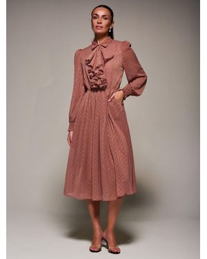 Jolie Moi Textured Chiffon Ruffle Shirt Dress - Gray