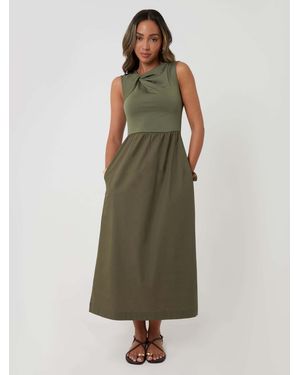 Threadbare Twist Detail 2-In-1 Midi Dress With Poplin Skirt - Green