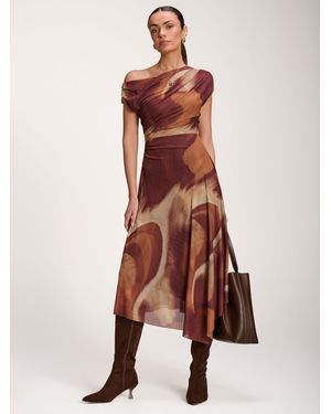 Jolie Moi Asymmetric Draped Mesh Dress - Brown