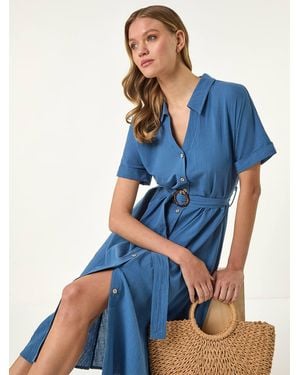 Roman Linen Look Belted Shirt Dress - Blue