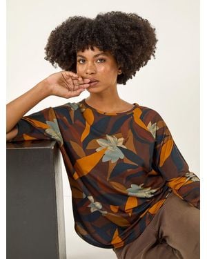 Roman Floral Print Curved Hem Top - Black