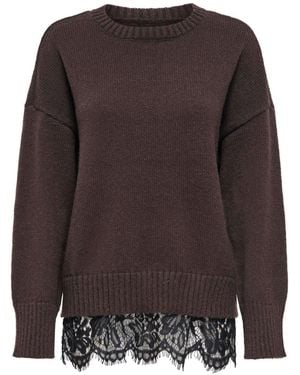 ONLY Lace Mix Round Neck Pullover Jumper - Brown