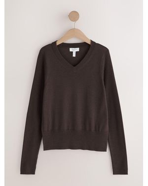 Next Chocolate Lightweight Merino Wool V-Neck Jumper - Black
