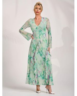 Jolie Moi Long Sleeve Ruffle Mesh Maxi Dress - Green