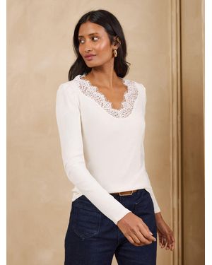 Love & Roses Ivory Long Sleeve Lace V-Neck Ribbed Jersey Top - White