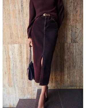 Friends Like These Burgundy Split Front Flocked Velvet Midi Skirt - Brown