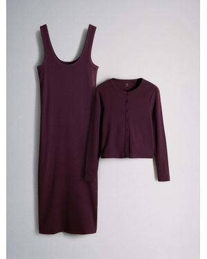 The Set Ribbed Jersey Maxi Dress And Cardigan Co-Ord Set Burgundy - Purple
