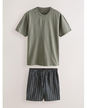Next Woven Stripe Short Sleeve Pajamas Set - Green