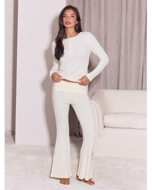 Lipsy Ribbed Button Down Flare Pants Lounge Set - Pink