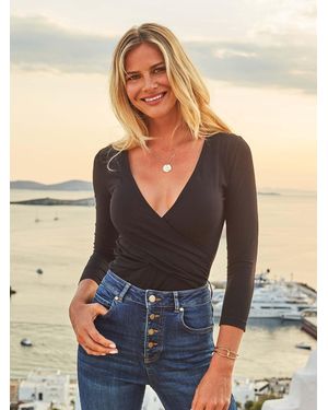 Sosandar Stripe Faux Wrap Top - Blue