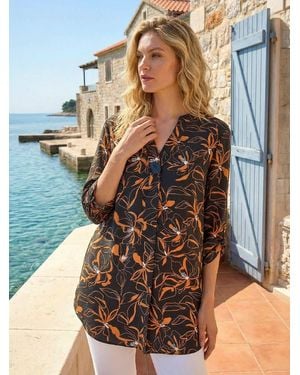 Roman Floral Longline Buttoned Top - Black