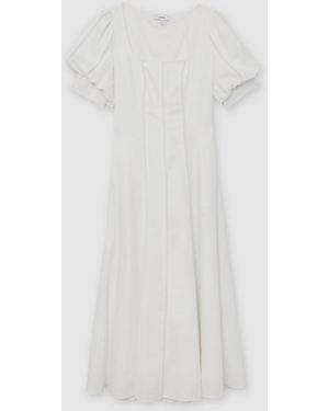 Reiss Linen Puff-Sleeve Embroidered Midi Dress - White