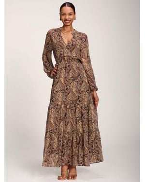 Jolie Moi Long Sleeve Paisley Chiffon Maxi Dress - Brown