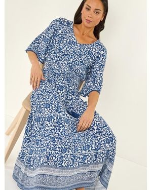 Roman Petite Print Tassel Tie Waist Midi Dress - Blue