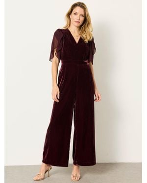 FatFace Wine Petite Opal Velvet Jumpsuit - Red