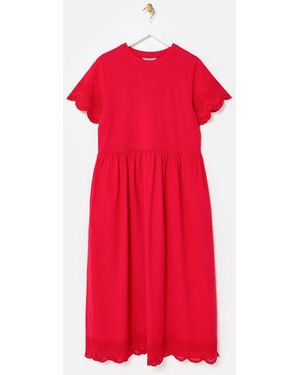 Oliver Bonas Scalloped Broderie Midi 100% Cotton T-Shirt Dress - Red