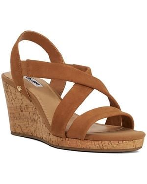 Dune Dark Wide Fit Leather Kamies Cross Strap Wedge Sandals - Brown