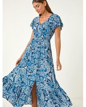 Roman Paisley Print Crinkle Maxi Dress - Blue