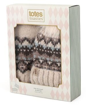 Totes Fair Isle Scarf & Hat Set - White