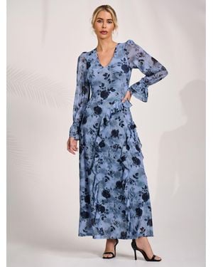 Jolie Moi Long Sleeve Ruffle Mesh Maxi Dress - Blue