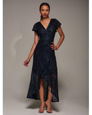 Jolie Moi Frill Short Sleeve Sequin Maxi Dress - Blue