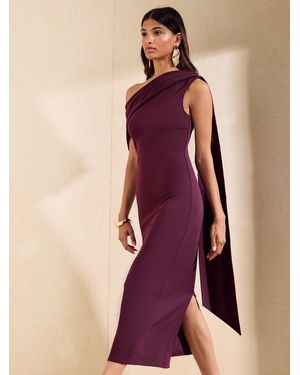 Friends Like These Aubergine Asymmetric Neck Scarf Midi Dress - Purple