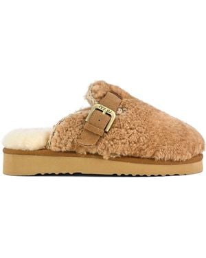 Mou Sheepskin Lined Eskimo Buckle Mules - Brown